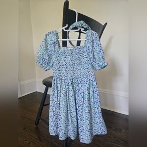 Crewcuts Blue and Green Floral Kids Dress + Headband Set